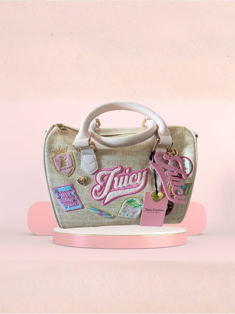 Juicy Couture Cream and Pink Logo Patch Satchel NWT.